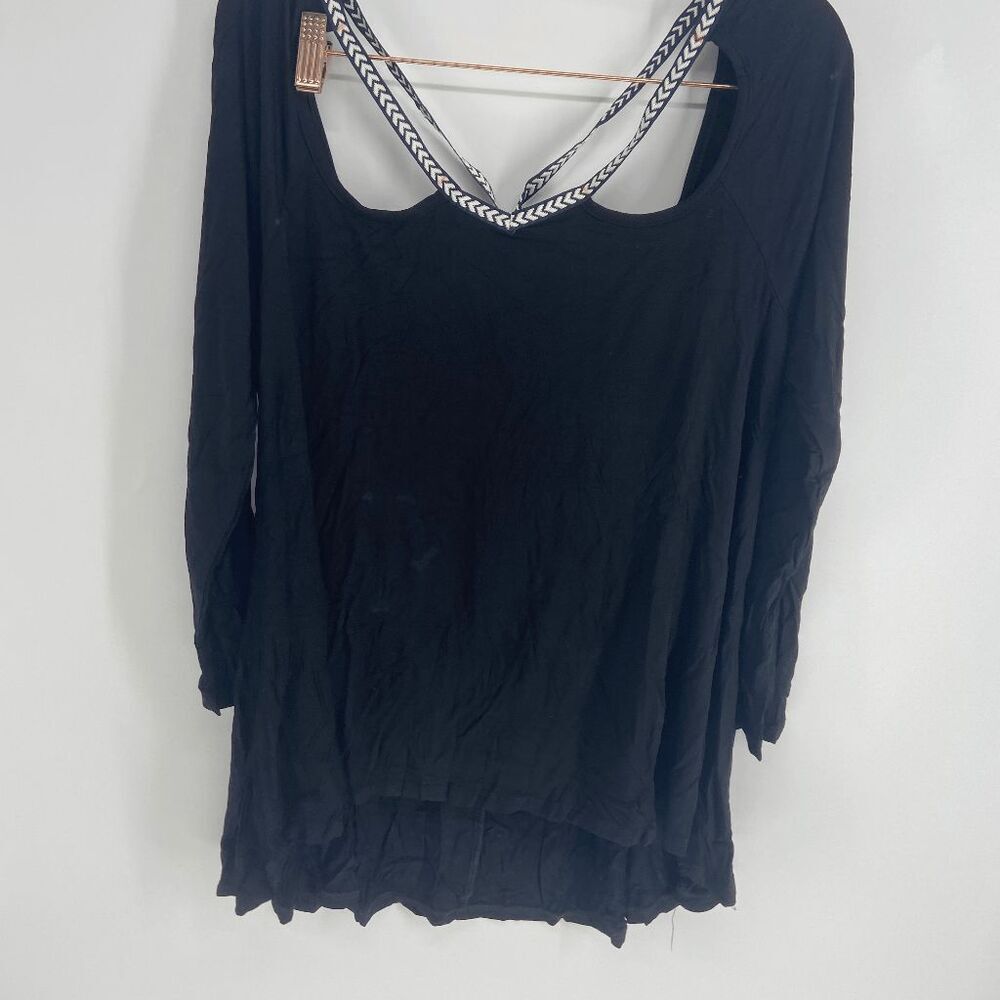 Meaneor Women's Black Cutout V Neck 3/4 Sleeve Blouse Size Large NWT